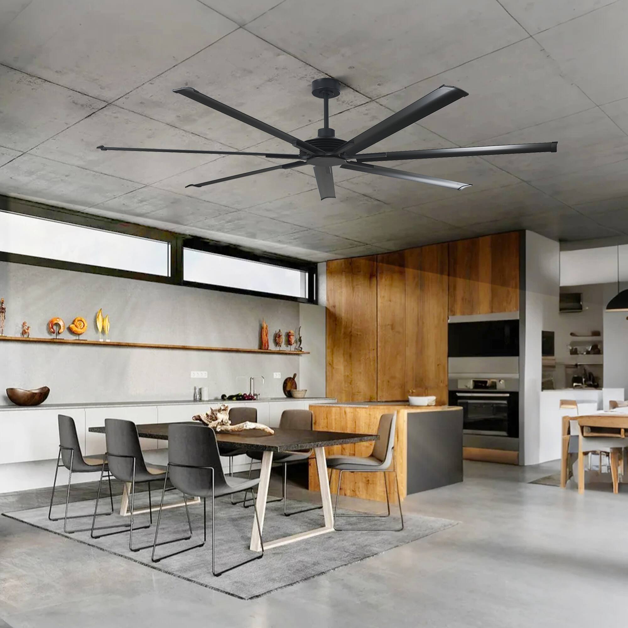 Angle. Parrot Uncle - 84-inch Black Industrial Extra Large Commercial HVLS Ceiling Fan without Light, 7 Aluminum Blades and Remote Control - Matte Black.