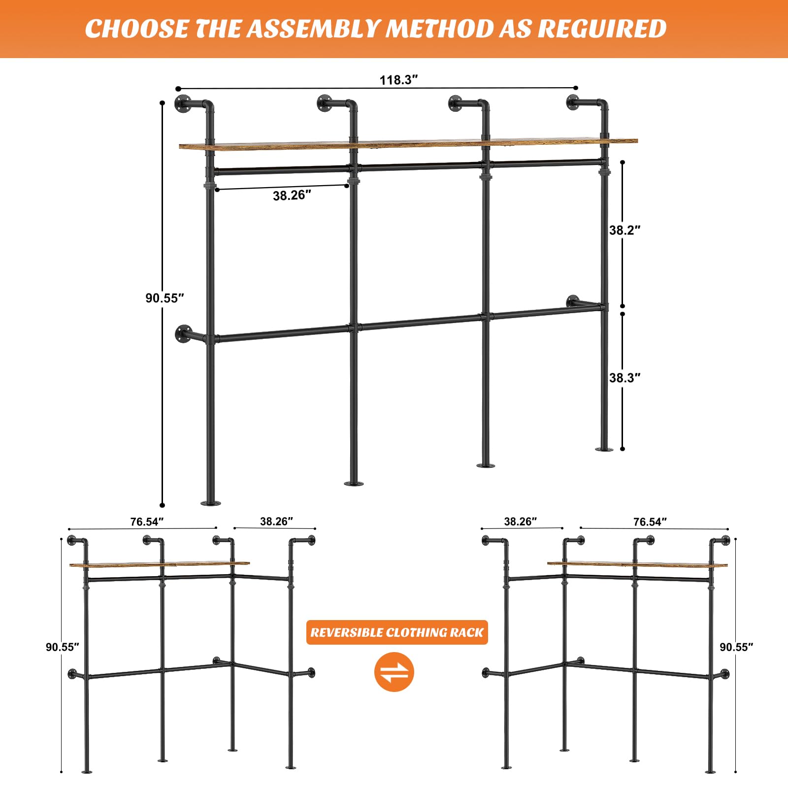 CHOOSE THE ASSEMBLY METHOD AS REQUIRED

118.3"  
38.26"  
38.2"  
90.55"  
38.3"  
76.54"  
38.26"  
38.26"  
76.54"  
90.55"  

REVERSIBLE CLOTHING RACK