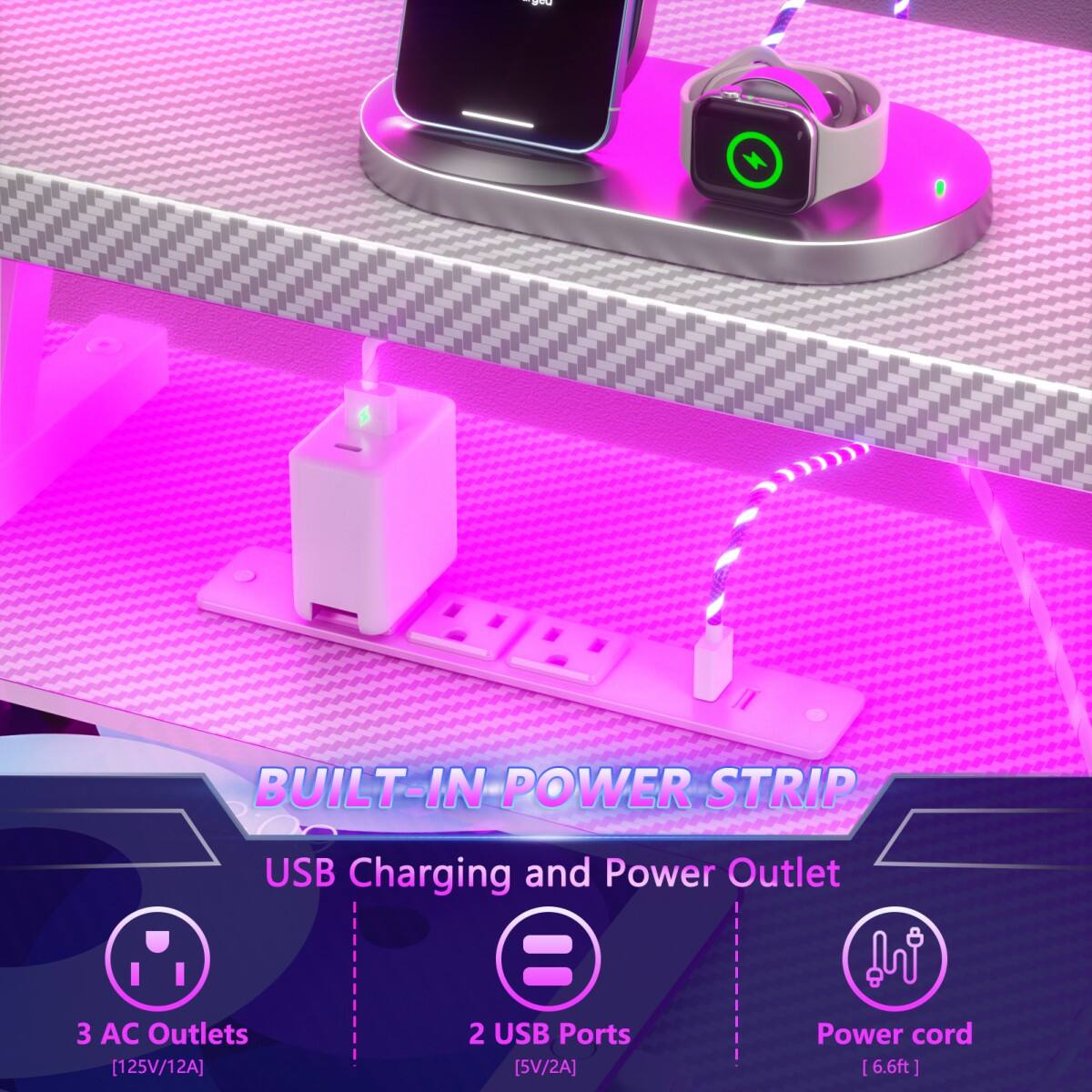 BUILT-IN POWER STRIP  
USB Charging and Power Outlet  
3 AC Outlets [125V/12A]  
2 USB Ports [5V/2A]  
Power cord [6.6ft]