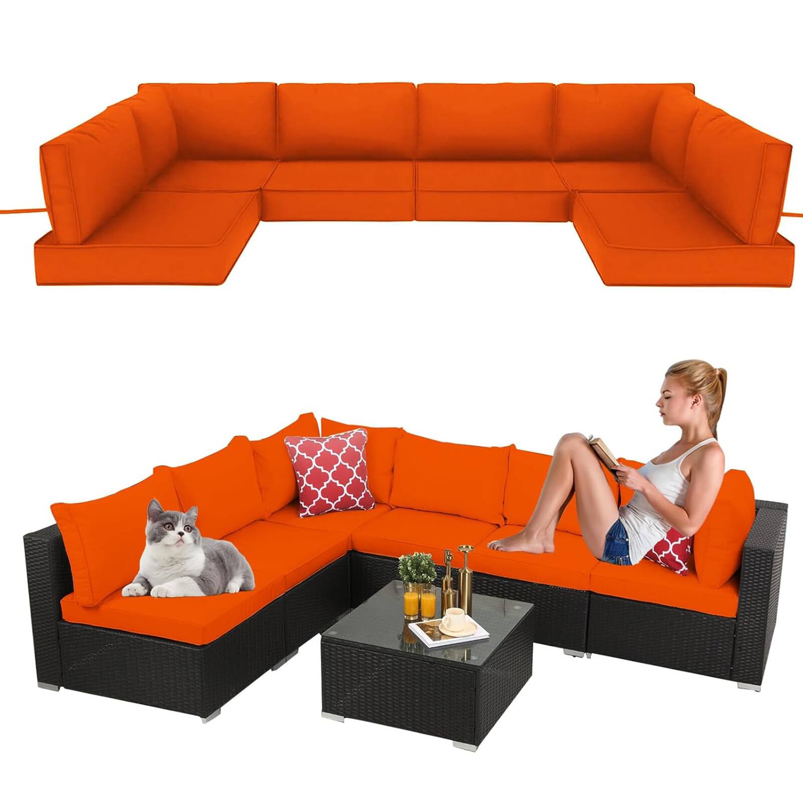 Front. Chateau Abodes - 14-Piece Outdoor Sectional Cushion Set, Waterproof Replacement Cushions with Liner & Cover - Orange.