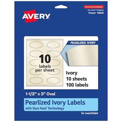Go to avery.com/templates
AVERY
Use Avery Template Presta® 94055
PEARLIZED IVORY
10 labels per sheet
Ivory 10 sheets 100 labels
1-1/2" x 3" Oval Pearlized Ivory Labels with Sure Feed Technology for Laser/Inkjet