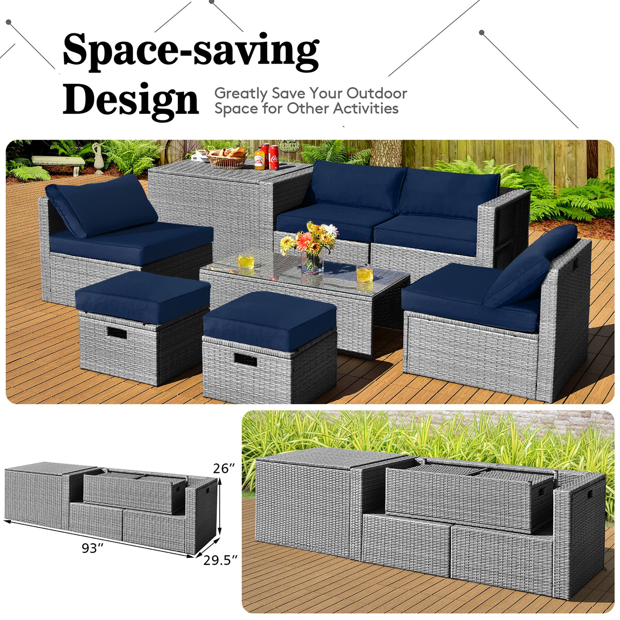 Space-saving Design  
Greatly Save Your Outdoor Space for Other Activities  

93"  
29.5"  
26"