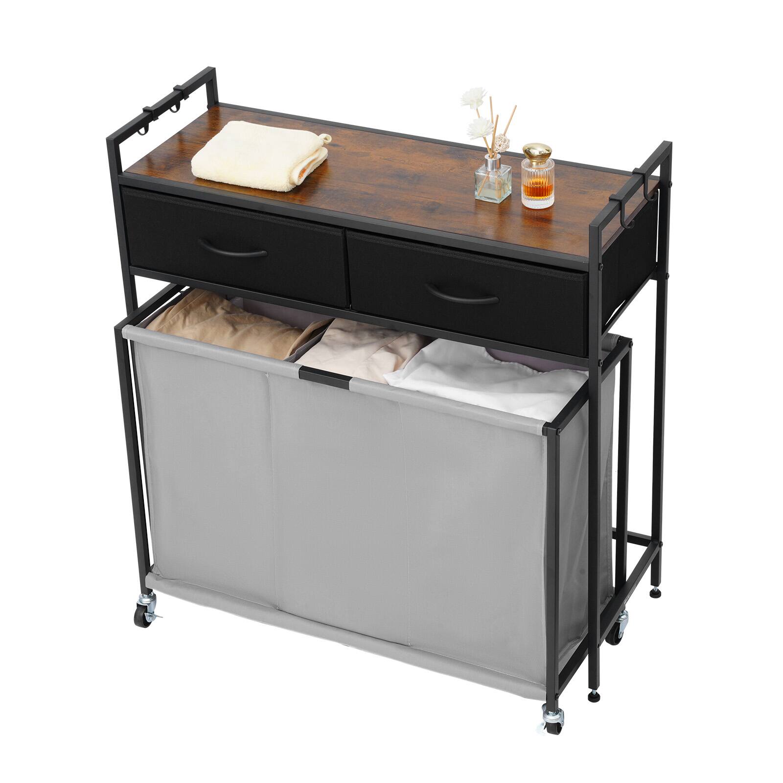 Alt View 5. VEVOR - 3 Section Laundry Sorter, Rolling Laundry Hamper with 2 Drawers, Hooks & Wheels, Rolling Basket Organizer Storage - Black,Brown.