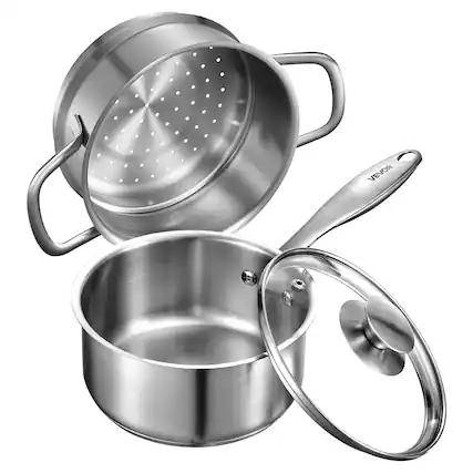 Front. VEVOR - 1.5 QT Saucepan with Steamer, Stainless Steel Saucepan with Glass Lid, Multipurpose Nonstick Stainless Steel Sauce Pot - Silver.