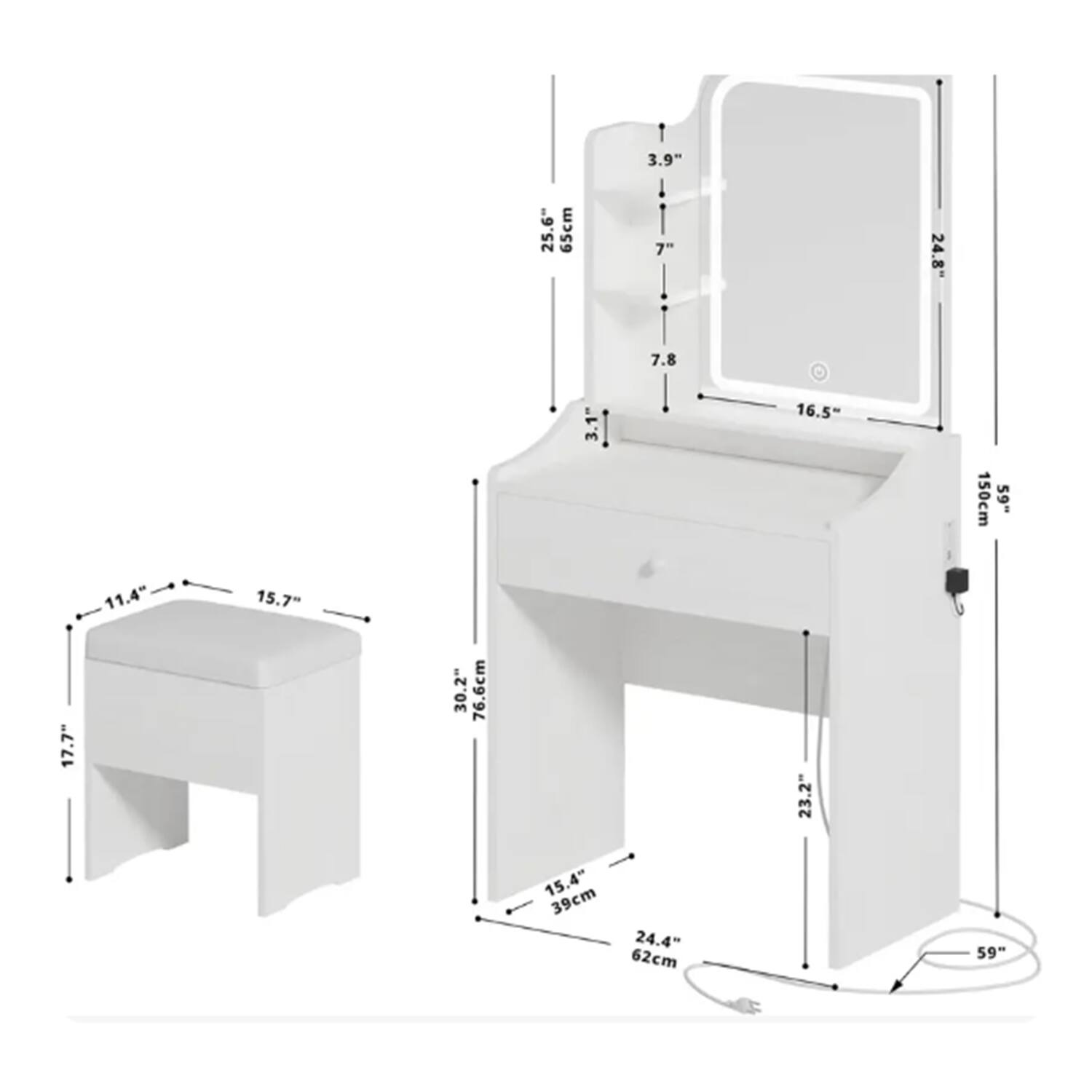 3.9" 25.6" 65cm 7" 24.8" 7.8" 3.1" 16.5" 150cm 59" 11.4" 15.7" 17.7" 30.2" 76.6cm 23.2" 15.4" 39cm 24.4" 62cm 59"