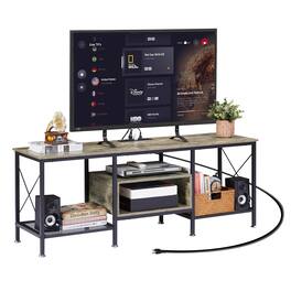 Vecelo - 71 Inch Industrial TV Stand with Heavy Duty Rust-Proof Frame, 160lb Capacity & Vintage Design for Living Room - 55" Grey with socket