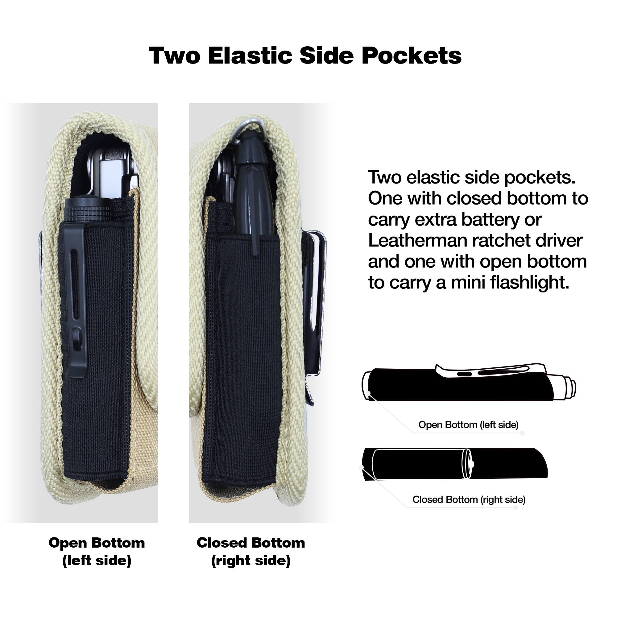 Two Elastic Side Pockets

Two elastic side pockets. One with closed bottom to carry extra battery or Leatherman ratchet driver and one with open bottom to carry a mini flashlight.

Open Bottom (left side)
Closed Bottom (right side)