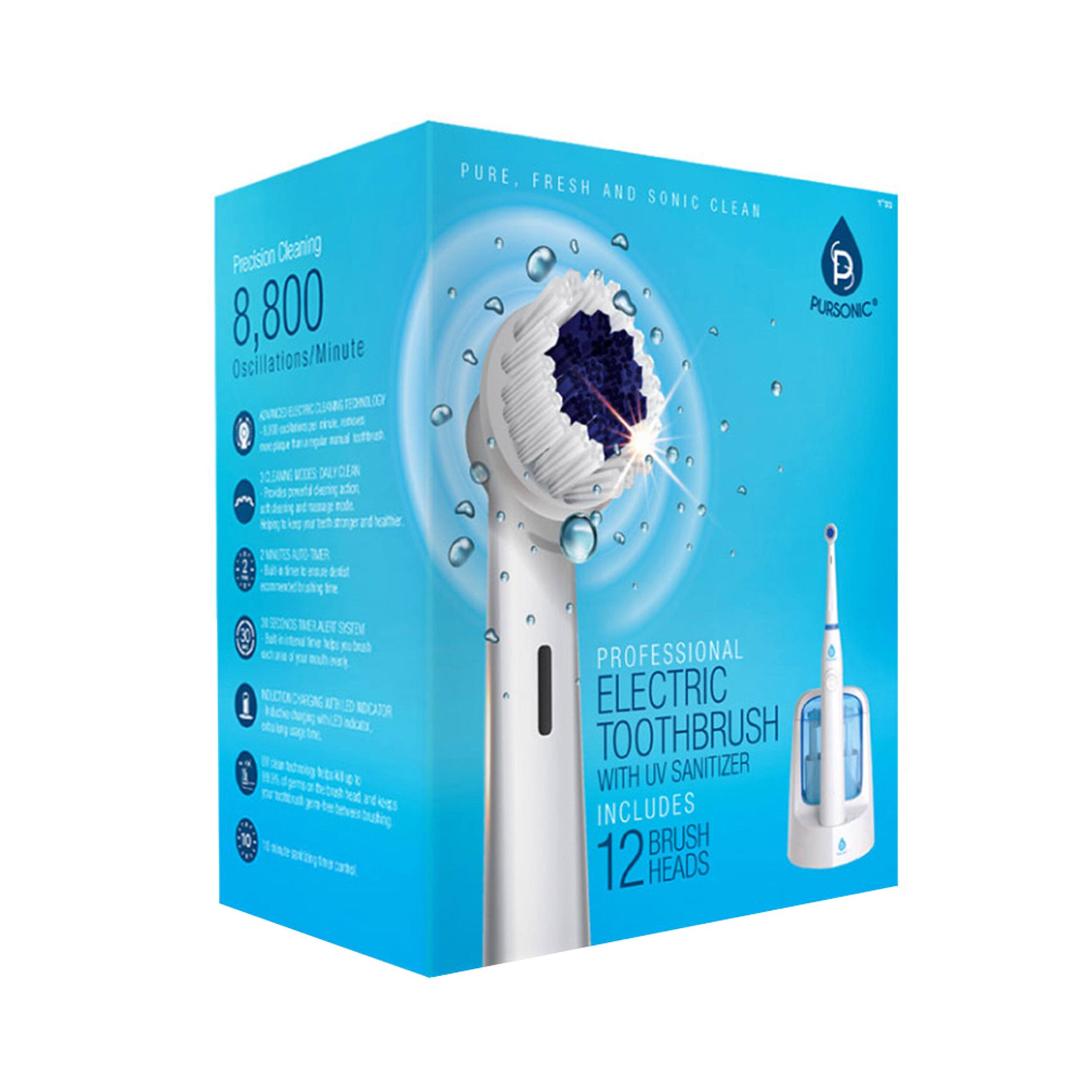 Precision Cleaning 8,800 Oscillations/Minute PURE, FRESH AND SONIC CLEAN PURSONIC PROFESSIONAL ELECTRIC TOOTHBRUSH WITH UV SANITIZER INCLUDES BRUSH 12 HEADS