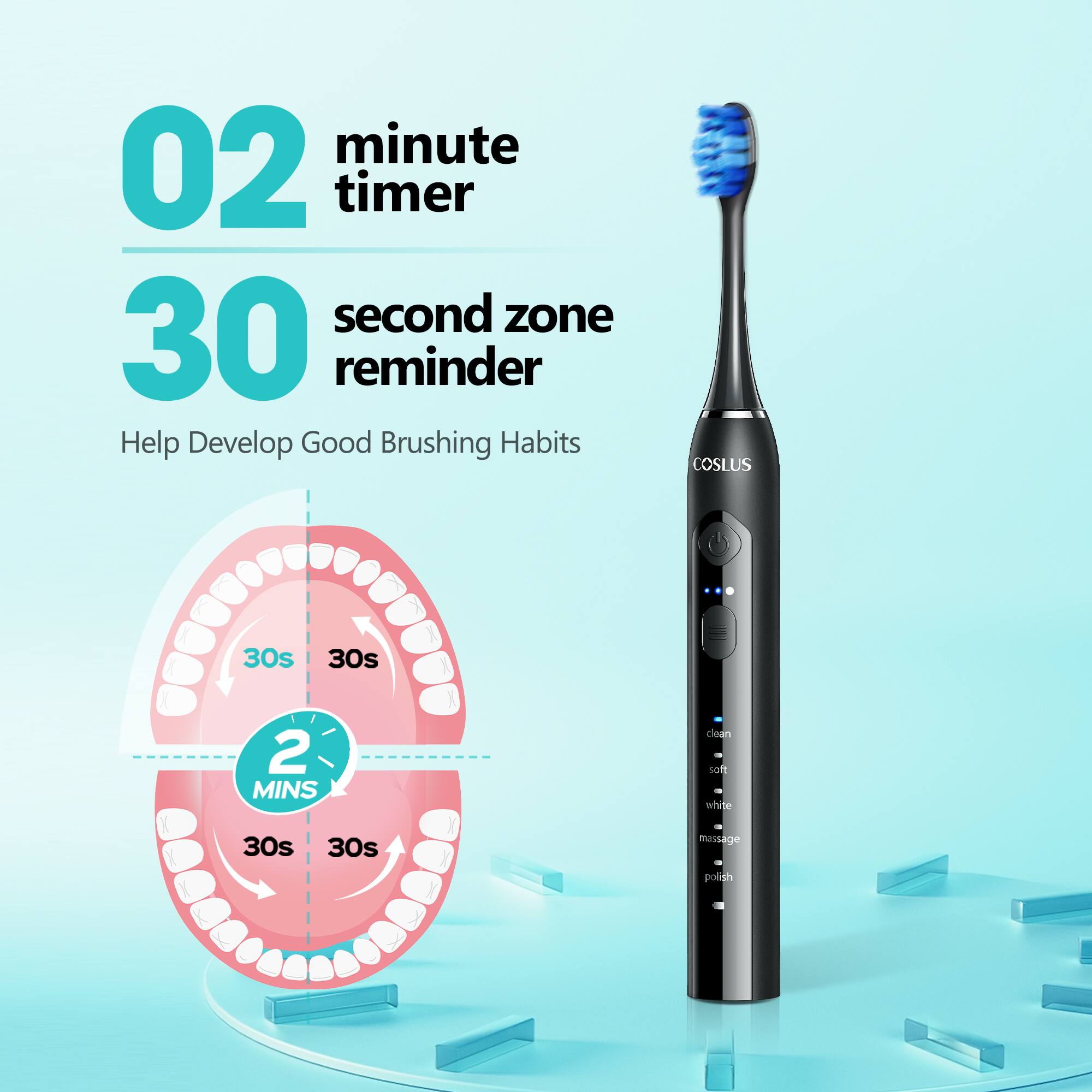 02 minute timer  
30 second zone reminder  
Help Develop Good Brushing Habits  
30s 30s X 2 MINS  
clean  
soft  
white  
massage  
polish