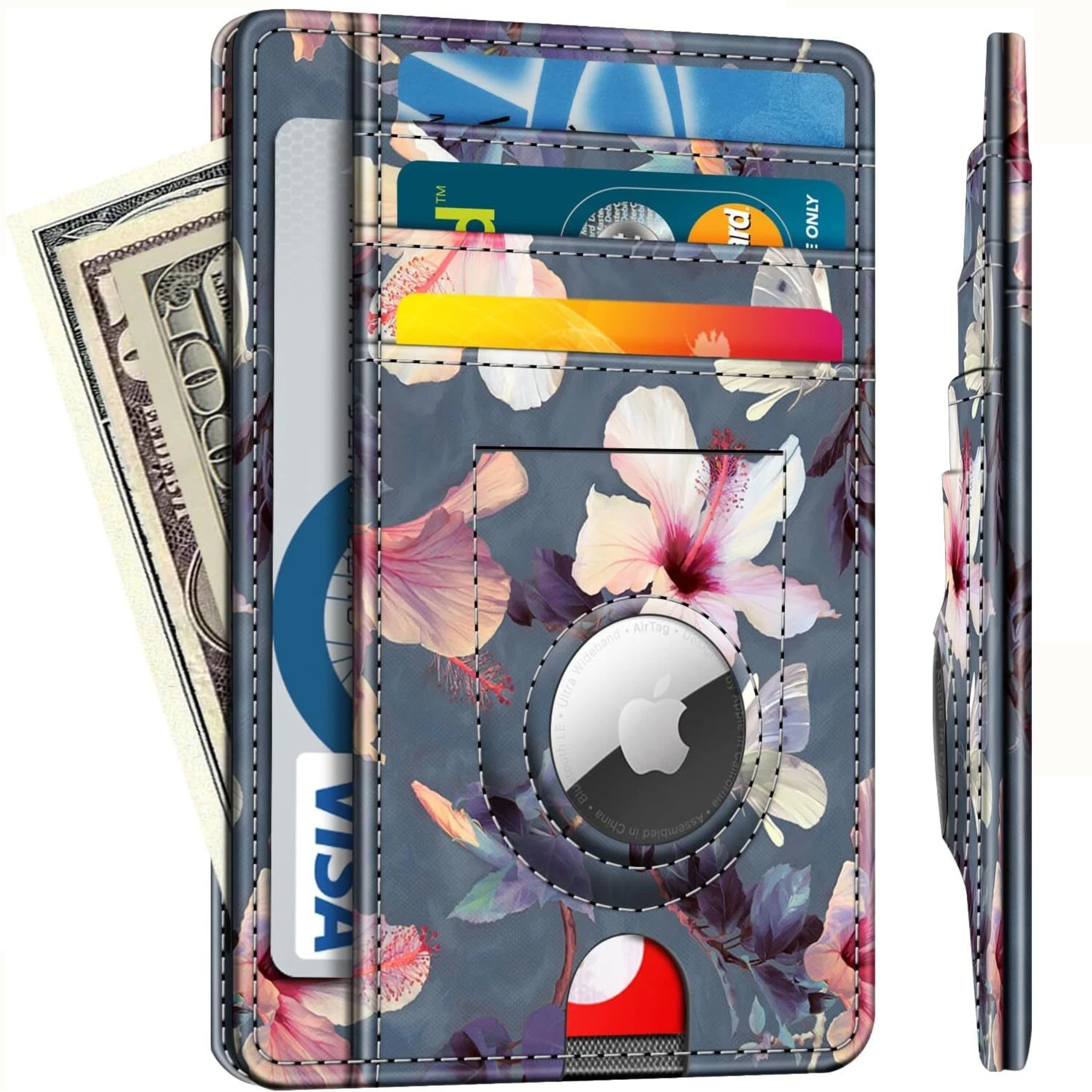 Kitcheniva - Slim Minimalist Front Pocket 7 Slots With Case Holder for AirTag - Blooming Hibiscus
