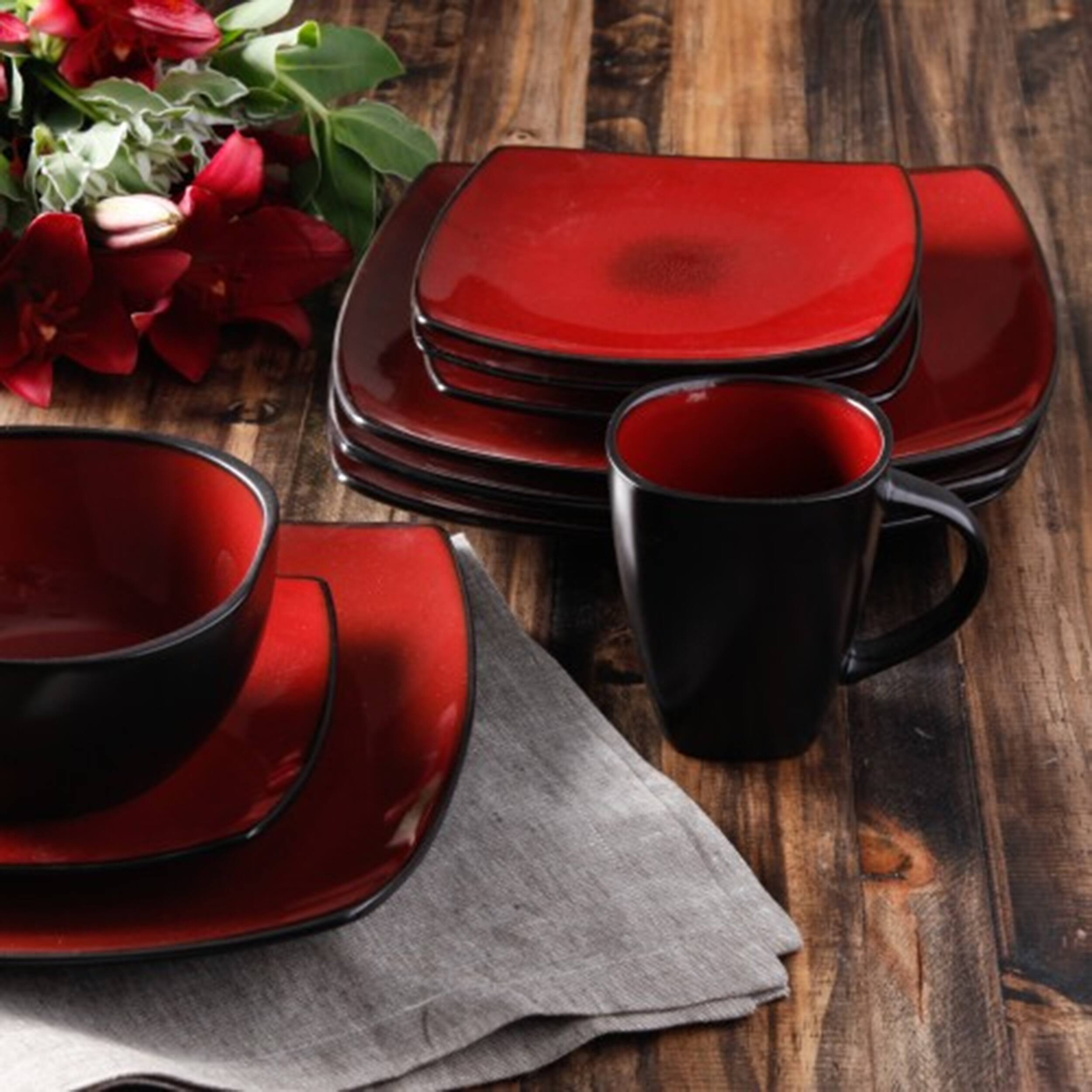 Alt View 7. Gibson - Gibson Soho Lounge 16 Piece Square Stoneware Dinnerware Set in Red and Black - Red.
