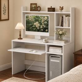 WELLFOR - 43.5 " Computer Desk with Keyboard Tray and Power Outlets, Home Office Desk with Bookcase - White