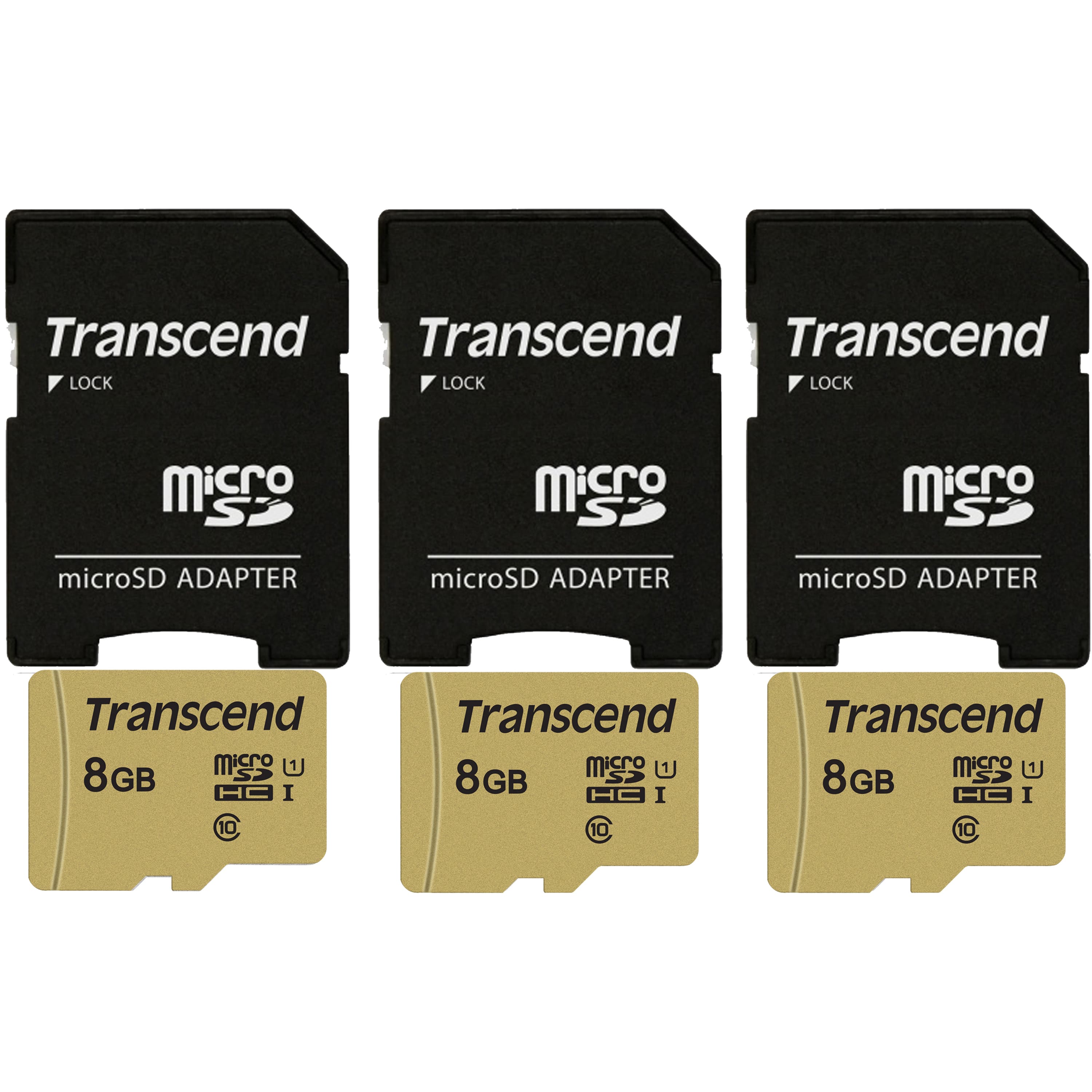 3x Transcend 8GB UHS-1 Class 10 micro SD 500S Read up to 95MB/s With SD Adapter