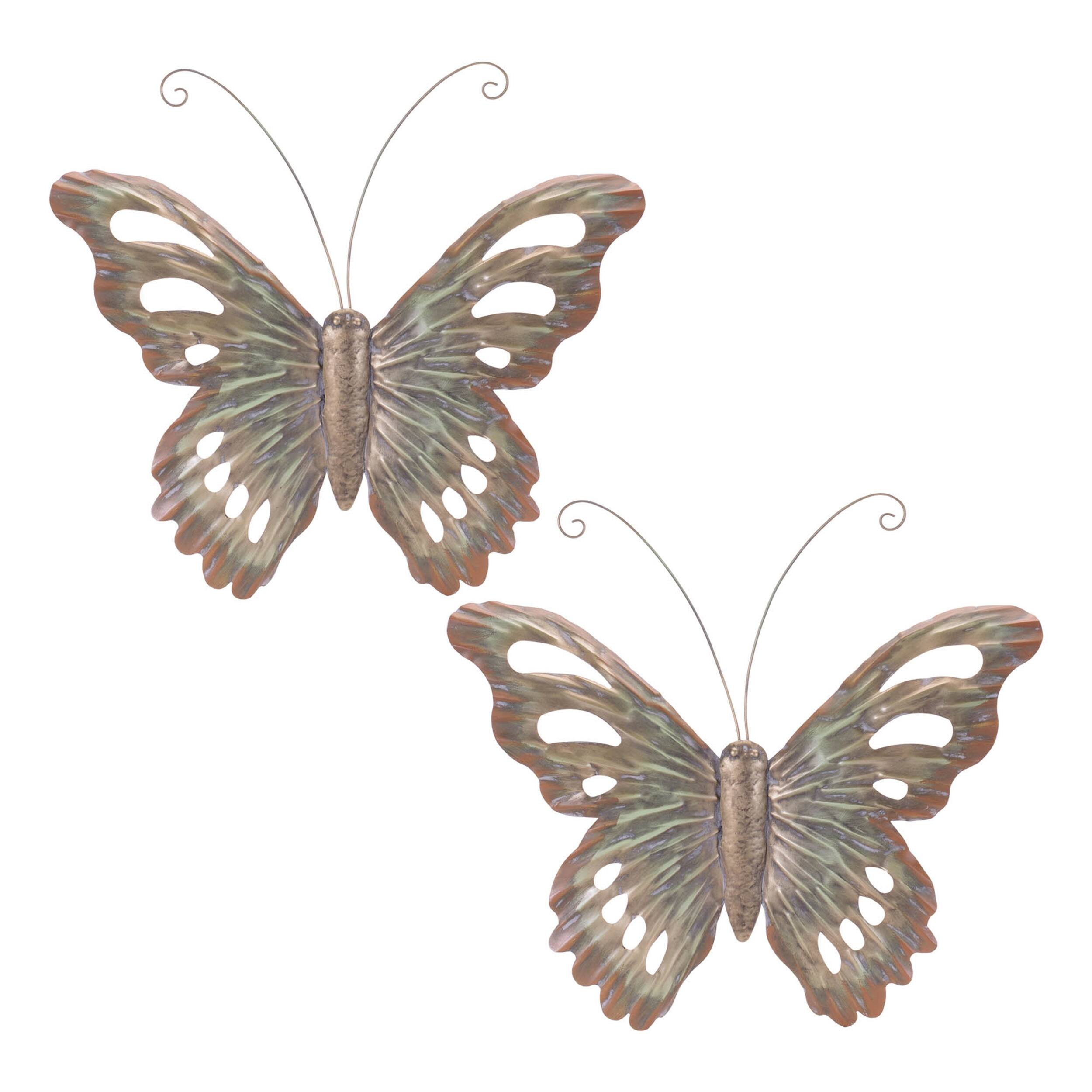Back. BreeBe - Distressed Metal Butterfly Wall Hanging (Set of 2) - Gold, Gray.