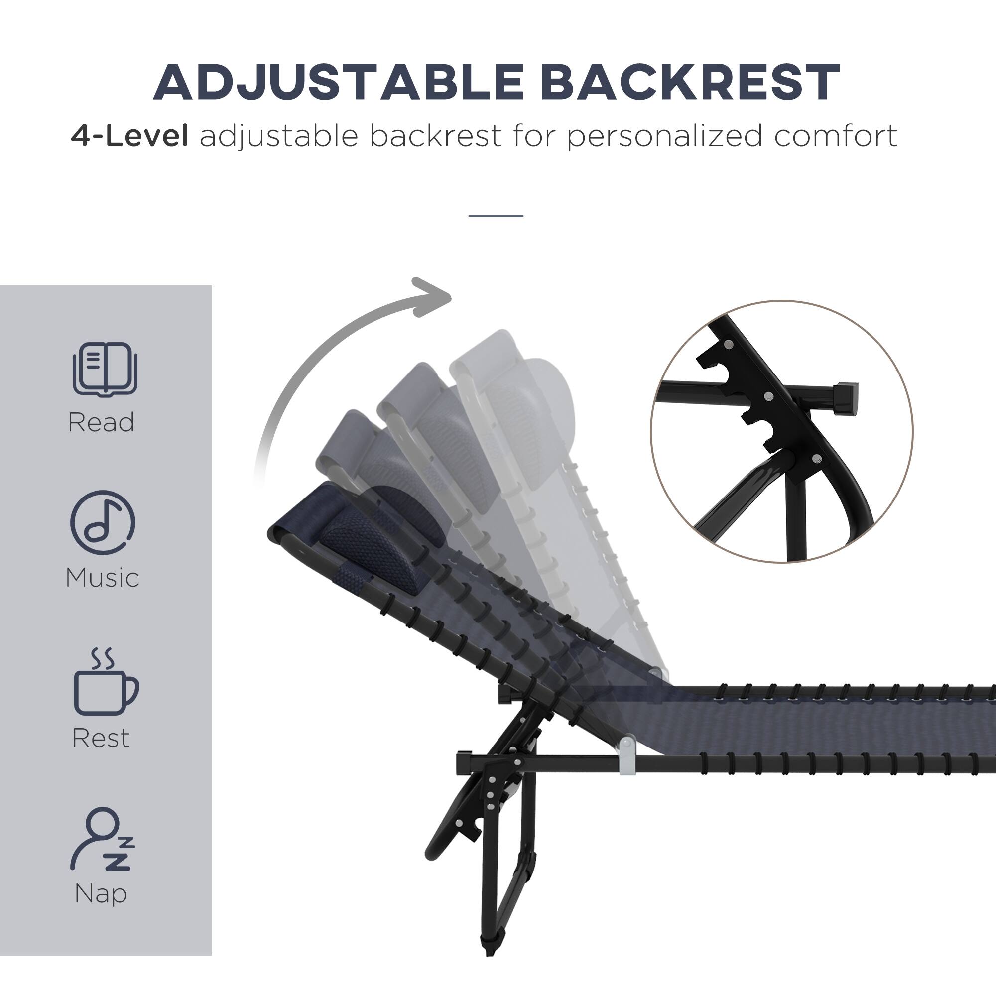 ADJUSTABLE BACKREST  
4-Level adjustable backrest for personalized comfort  

- Read  
- Music  
- Rest  
- Nap