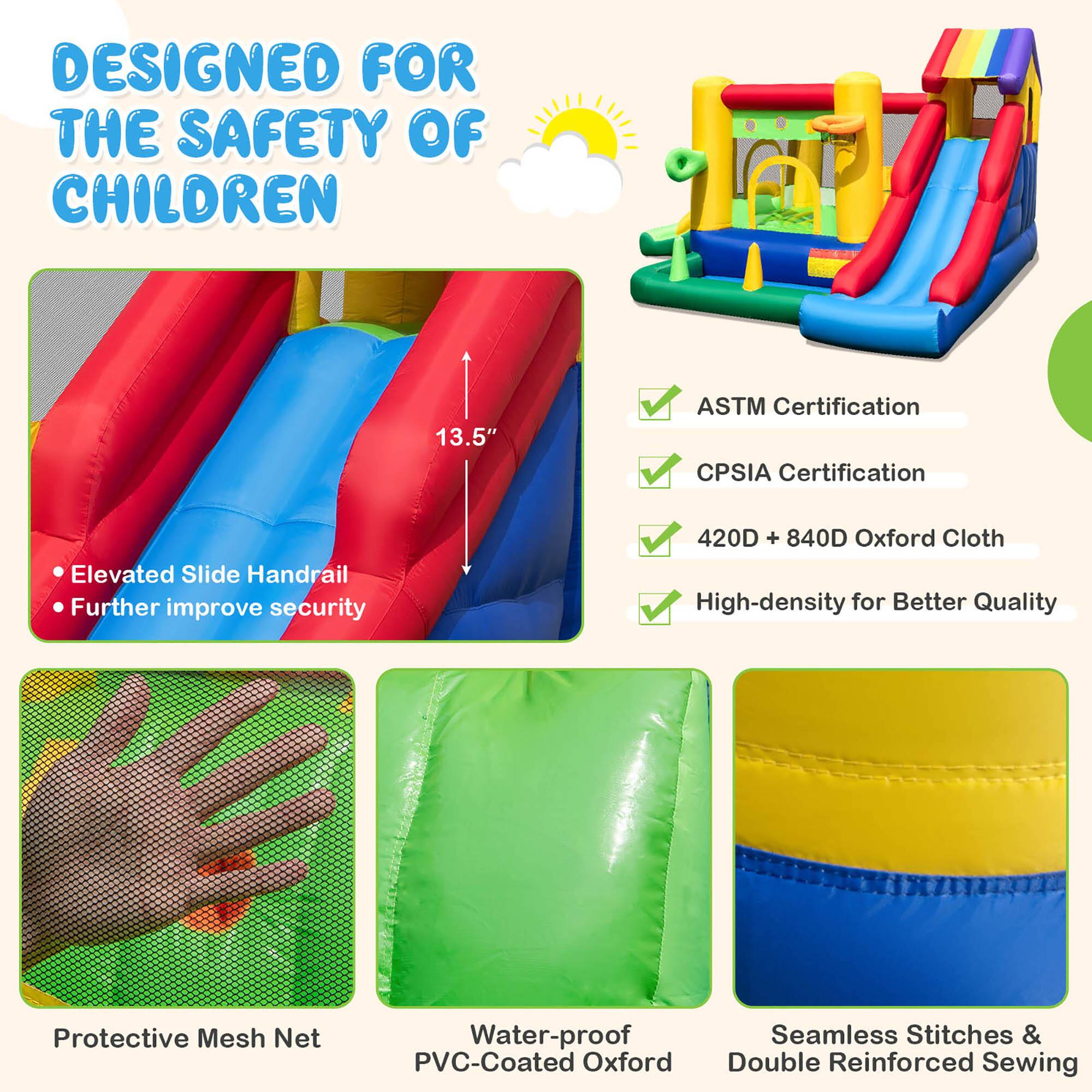 DESIGNED FOR THE SAFETY OF CHILDREN

- Elevated Slide Handrail
- Further improve security

13.5" ASTM Certification CPSIA Certification 420D + 840D Oxford Cloth High-density for Better Quality Protective Mesh Net Water-proof PVC-Coated Oxford Seamless Stitches & Double Reinforced Sewing