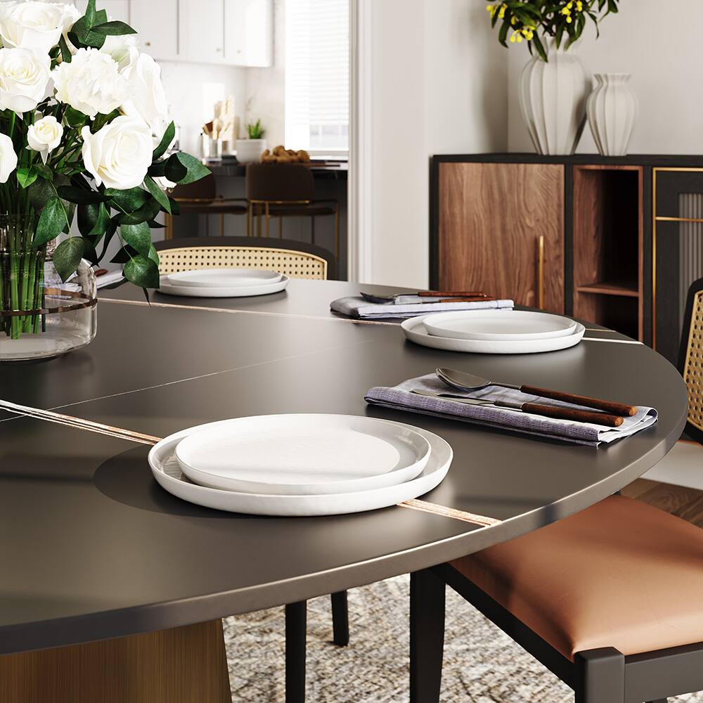 Alt View 2. POVISON - 59" Modern Luxury Black Round Dining Table for 6, Matte Sintered Stone Tabletop, Bronze Carbon Steel Base - Black & Bronze.