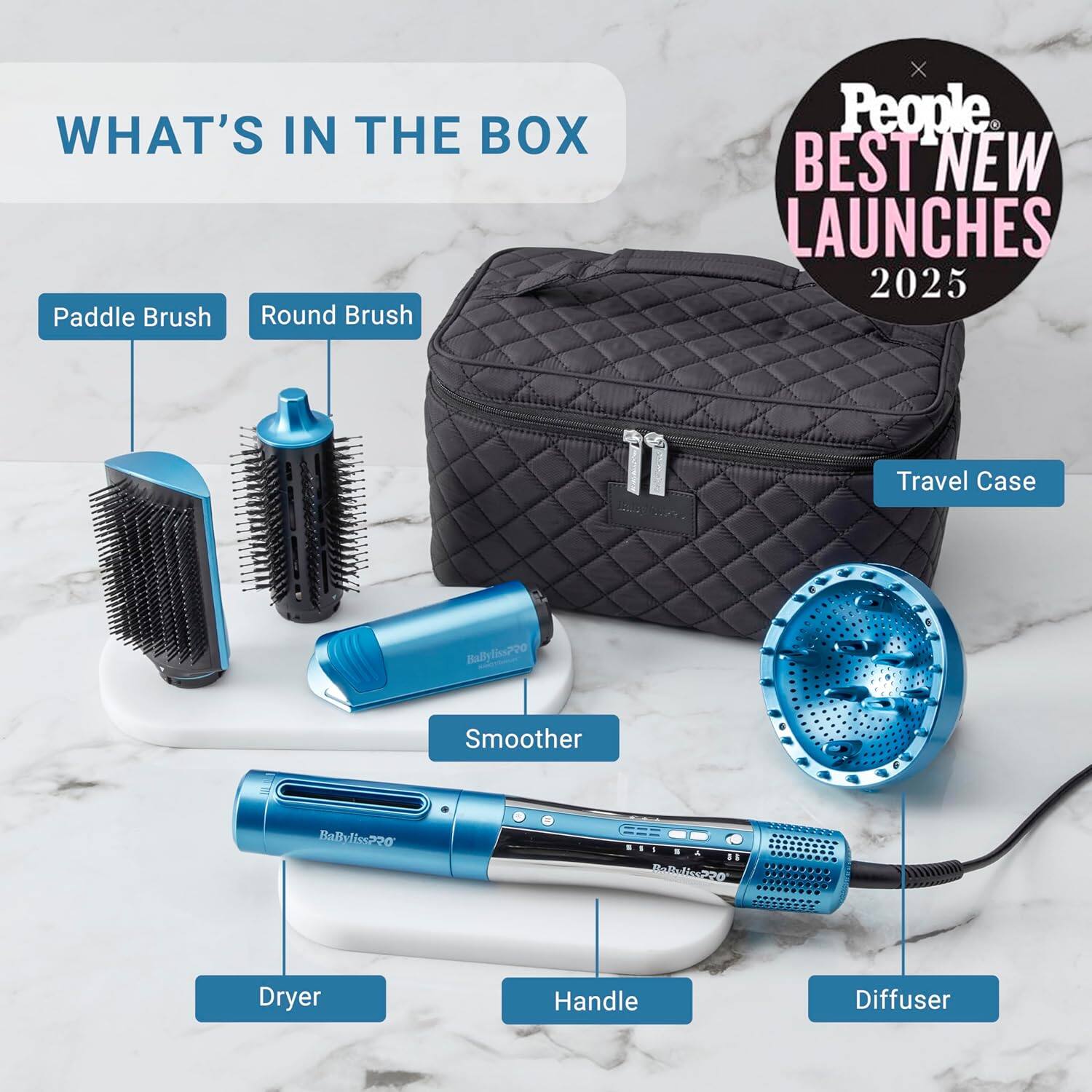 WHAT'S IN THE BOX  
Paddle Brush  
Round Brush  
Travel Case  
Smoother  
Dryer  
Handle  
Diffuser  

People X BEST NEW LAUNCHES 2025