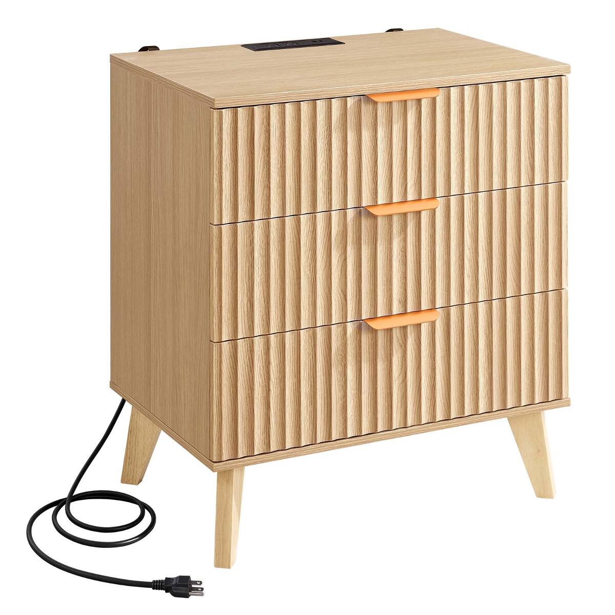 Back. Loheer - Loheer Fluted Nightstand with Charging Station, Three Drawers and Open Shelf, Khaki - Khaki.