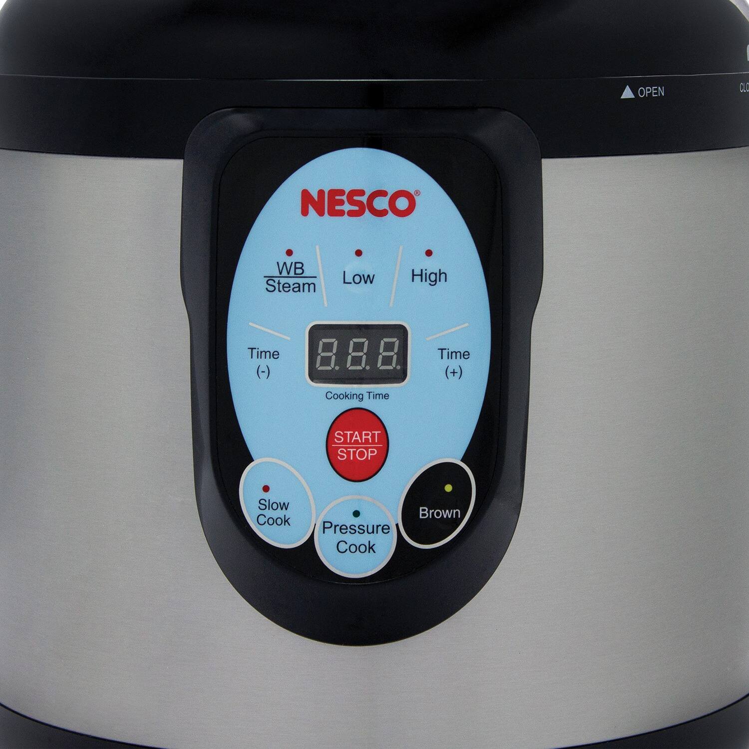 - OPEN
- CLO
- NESCO
- WB Steam
- Low
- High
- Time (-)
- 8.8.8
- Cooking Time
- Time (+)
- START STOP
- Slow Cook
- Pressure Cook
- Brown