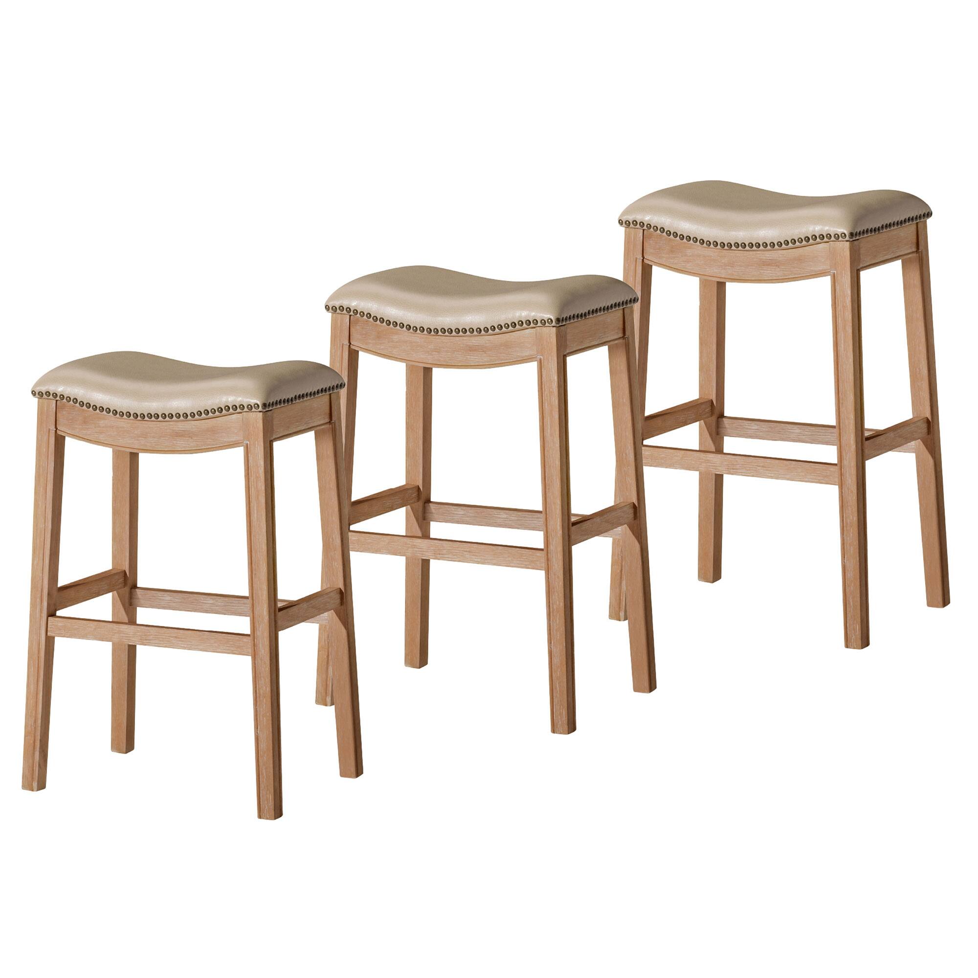 Front. Maven Lane - Maven Lane Adrien Saddle Barstool, Weathered Oak w/ Avanti Bone Vegan Leather, Set of 3 - Weathered Oak.