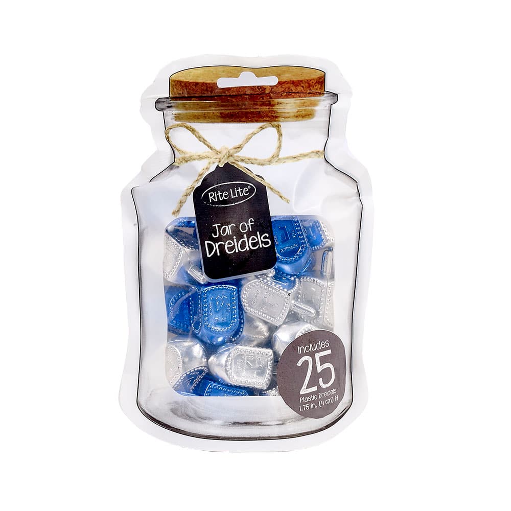 Rite Lite - "Jar" of Dreidels, Spin the Dreidel Hanukkah Game with 25 Silver/ Pieces - Blue