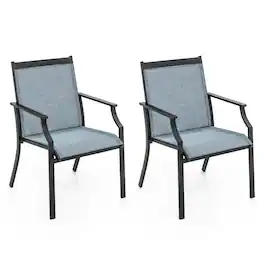 Costway - 2 Piece Patio Dining Chairs Large Outdoor Chairs with Breathable Seat & Metal Frame - Blue