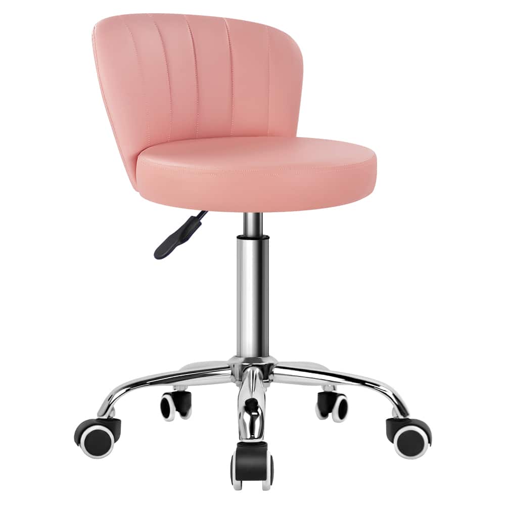 Front. KKTONER - KKTONER Rolling Stool with Backrest Height Adjustable Office Chair PU Leather Swivel Vanity Chair with Wheels (Pink) - Pink.
