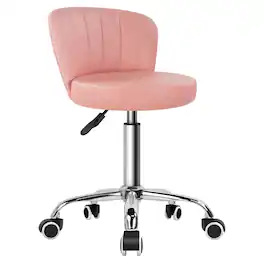 KKTONER - Rolling Stool with Backrest Height Adjustable Office Chair PU Leather Swivel Vanity Chair with Wheels - Pink