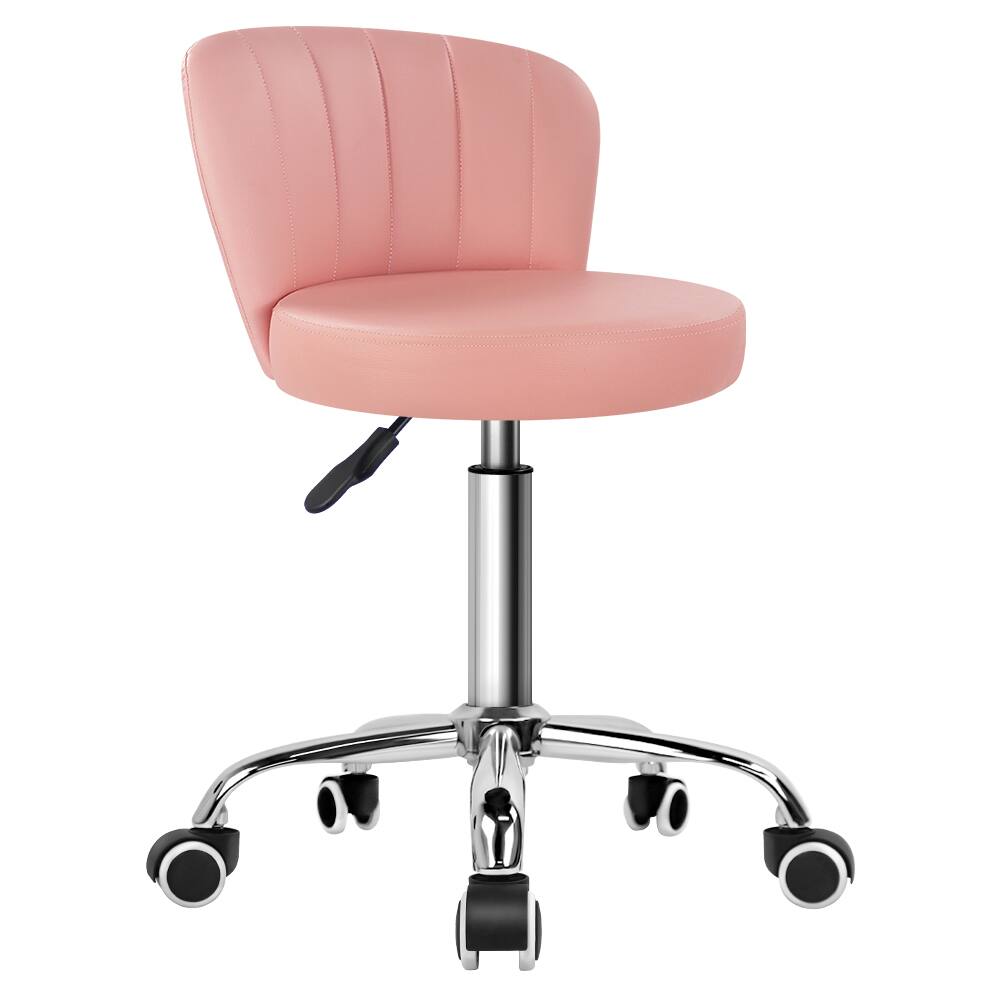 KKTONER - Rolling Stool with Backrest Height Adjustable Office Chair PU Leather Swivel Vanity Chair with Wheels - Pink