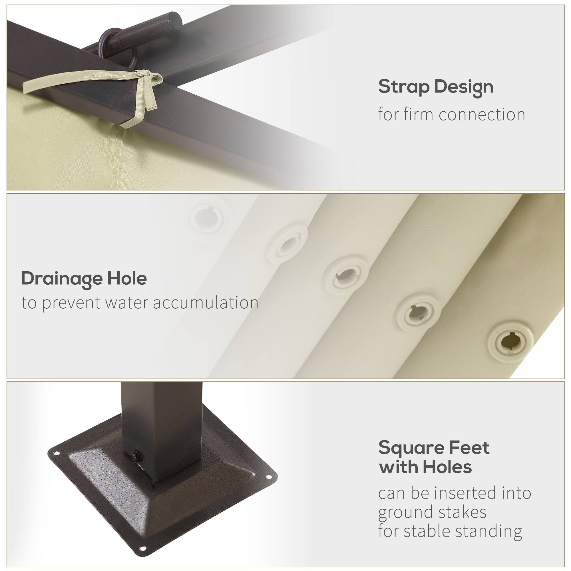 Strap Design for firm connection
Drainage Hole to prevent water accumulation
Square Feet with Holes can be inserted into ground stakes for stable standing