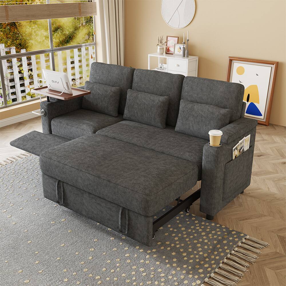 Left. Anysun - 83" Chenille Fabric Foldable Sofa Bed with Electric Recliner, Adjustable Backrest, Table Board, Armrest Storage - Dark Gray.