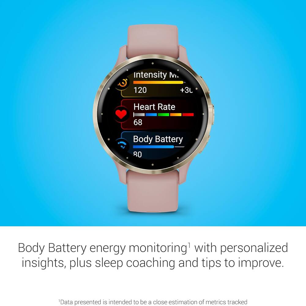 Intensity M.  
120 +3L  

Heart Rate  
68  

Body Battery  
80  

Body Battery energy monitoring¹ with personalized insights, plus sleep coaching and tips to improve.  

¹Data presented is intended to be a close estimation of metrics tracked