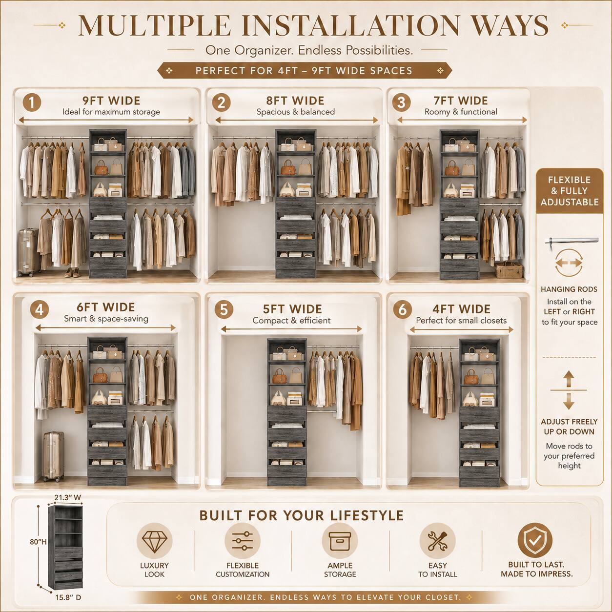 MULTIPLE INSTALLATION WAYS  
One Organizer. Endless Possibilities.  
PERFECT FOR 4FT - 9FT WIDE SPACES  

1. 9FT WIDE  
Ideal for maximum storage  

2. 8FT WIDE  
Spacious & balanced  

3. 7FT WIDE  
Roomy & functional  

4. 6FT WIDE  
Smart & space-saving  

5. 5FT WIDE  
Compact & efficient  

6. 4FT WIDE  
Perfect for small closets  

FLEXIBLE & FULLY ADJUSTABLE  

HANGING RODS  
Install on the LEFT or RIGHT to fit your space  
ADJUST FREELY UP OR DOWN  
Move rods to your preferred height  

21.3" W  
80"H  
15.8" D  

BUILT FOR YOUR LIFESTYLE  
LUXURY LOOK  
FLEXIBLE CUSTOMIZATION  
AMPLE STORAGE  
EASY TO INSTALL  
BUILT TO LAST. MADE TO IMPRESS.  

ONE ORGANIZER. ENDLESS WAYS TO ELEVATE YOUR CLOSET.