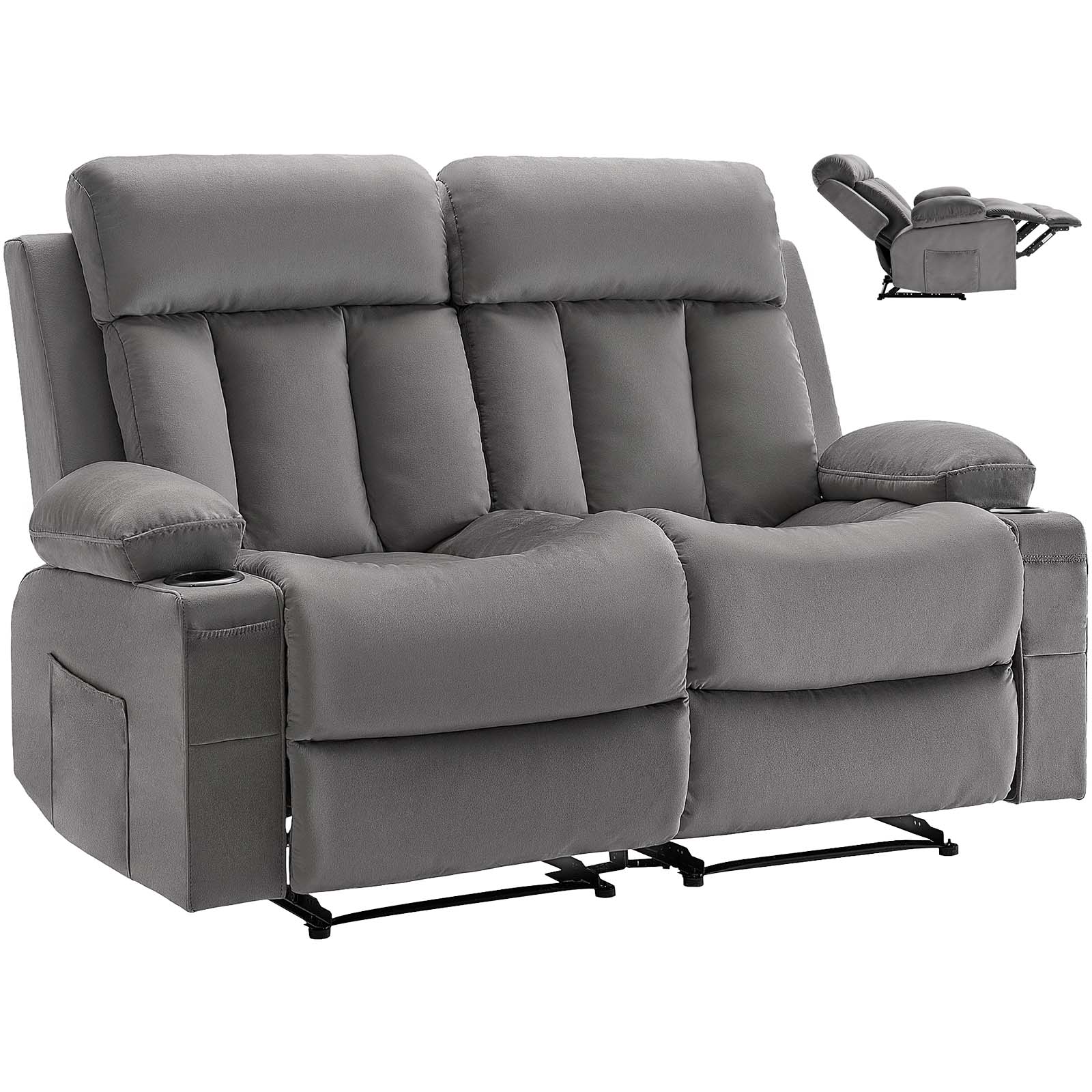 Front. VEVOR - Loveseat Recliner Sofa, Power Reclining Couch with Heating and Massage, Soft Velvet Electric Recliner Sofa - Gray.