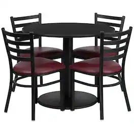Flash Furniture - Jamie 36'' Round Black Laminate Table Set with Round Base and 4 Ladder Back Metal Chairs - Vinyl Seat - Burgundy