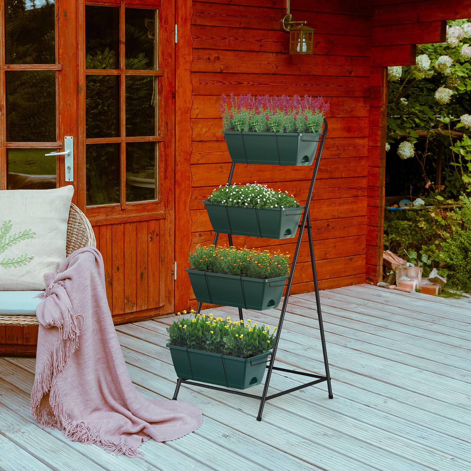 Alt View 2. Oumilen - 4-Tier Vertical Raised Garden Bed, Black Metal Plant Stand with 4 Green Planter Boxes for Patio Backyard Balcony.