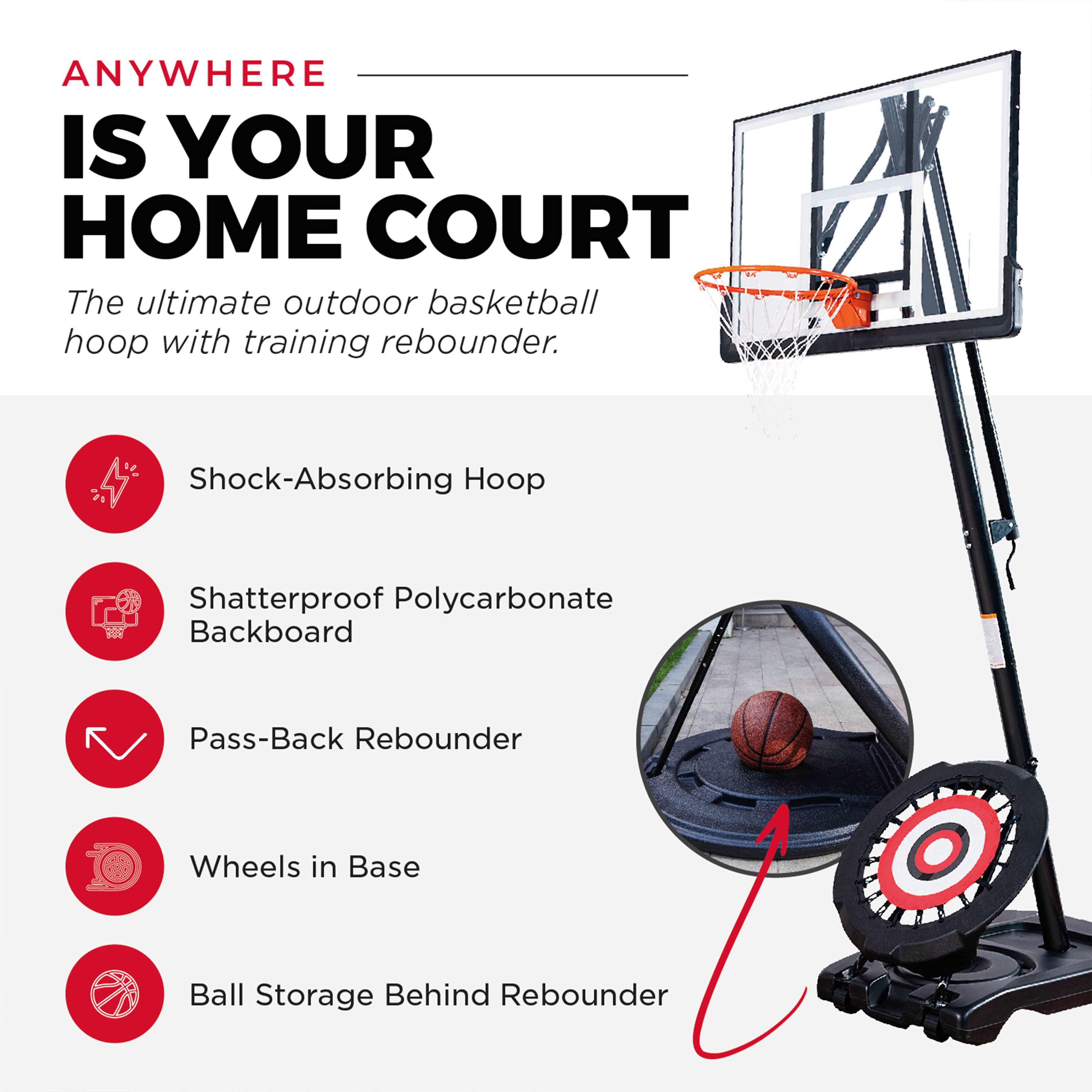 ANYWHERE IS YOUR HOME COURT

The ultimate outdoor basketball hoop with training rebounder.

- Shock-Absorbing Hoop
- Shatterproof Polycarbonate Backboard
- Pass-Back Rebounder
- Wheels in Base
- Ball Storage Behind Rebounder