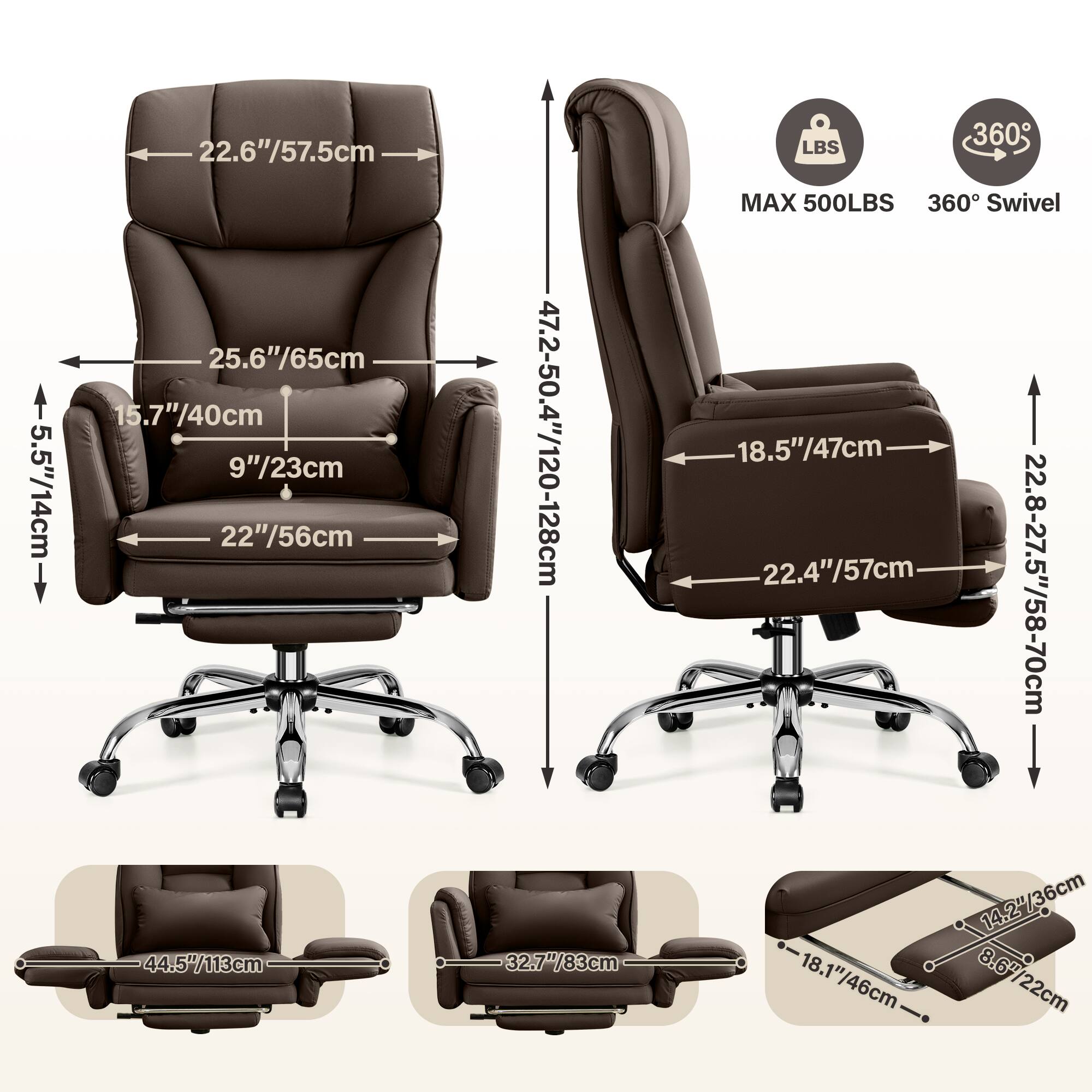 - 5.5"/14cm
- 22.6"/57.5cm
- 25.6"/65cm
- 15.7"/40cm
- 9"/23cm
- 22"/56cm
- 44.5"/113cm
- 47.2-50.4"/120-128cm
- 32.7"/83cm
- LBS MAX 500LBS
- 360° Swivel
- 18.5"/47cm
- 22.4"/57cm
- 22.8-27.5"/58-70cm
- 14.2"/36cm
- 14.2"/36cm
- 18.1"/46cm
- 8.67"/22cm
- 8.67"/22cm