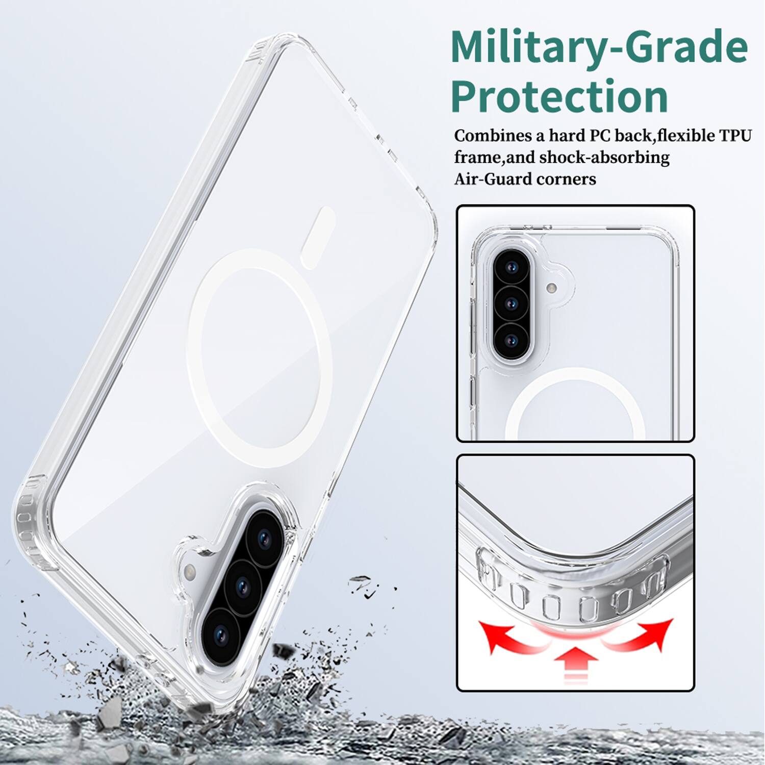 Military-Grade Protection  
Combines a hard PC back, flexible TPU frame, and shock-absorbing Air-Guard corners