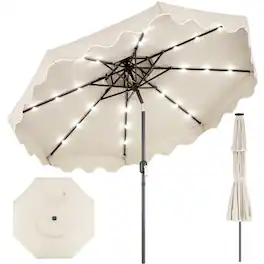 Costway - 9 FT Solar LED Patio Umbrella, Push-Button Tilt & Crank, 24 LED Lights & 8 Ribs - Beige