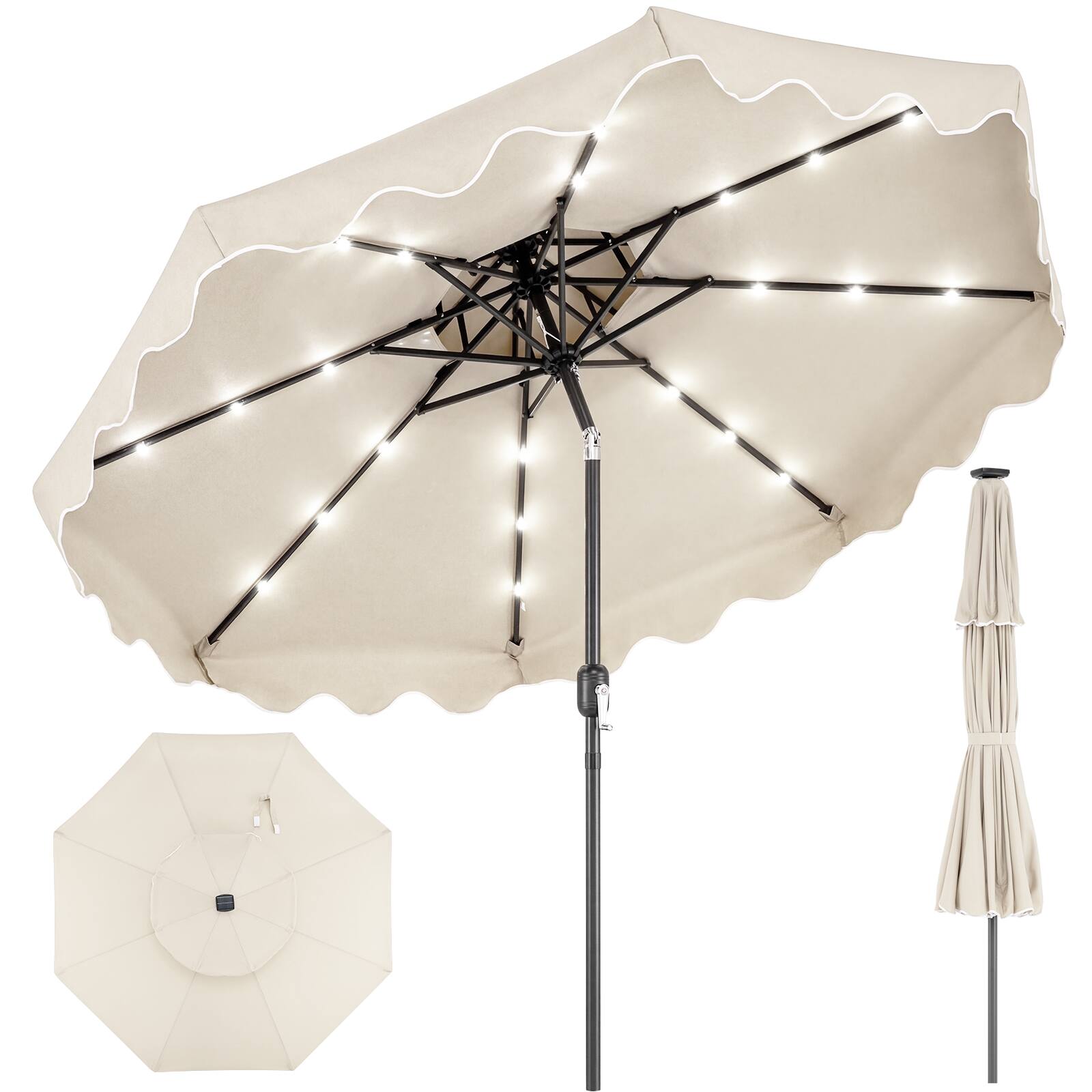 Front. Costway - Costway 9 FT Solar LED Patio Umbrella, Push-Button Tilt & Crank, 24 LED Lights & 8 Ribs - Beige.