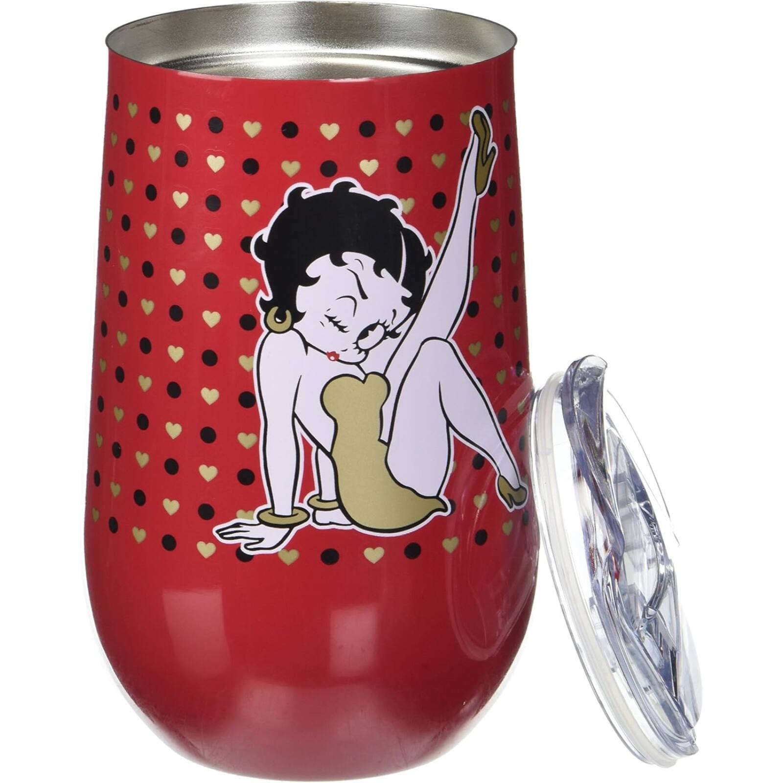 Angle. Spoontiques - Red Betty Boop Stainless Steel Double Wall Insulated Wine Tumbler 16 ounce - Red.