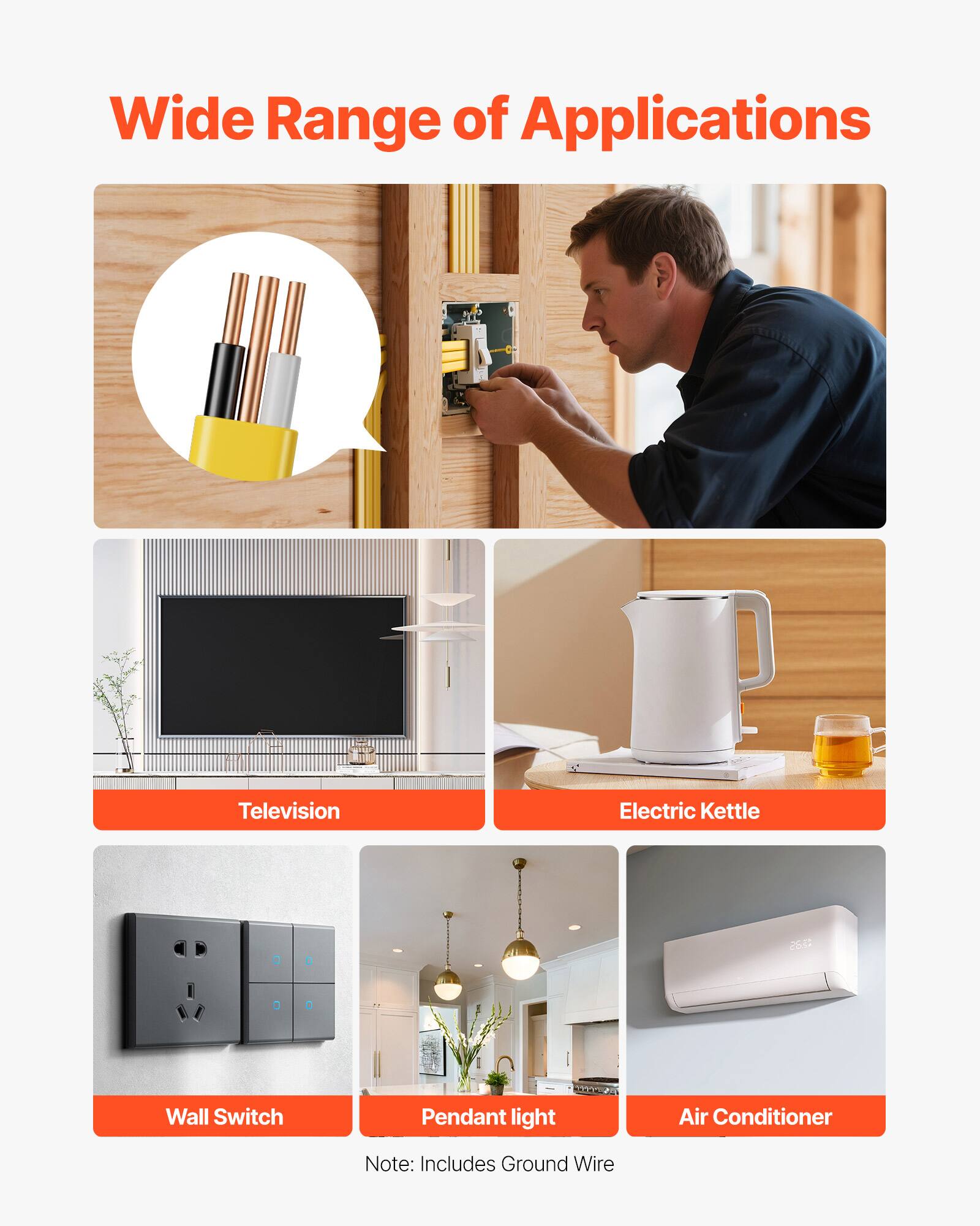Wide Range of Applications  
Television  
Electric Kettle  
Wall Switch  
Pendant light  
Air Conditioner  
Note: Includes Ground Wire