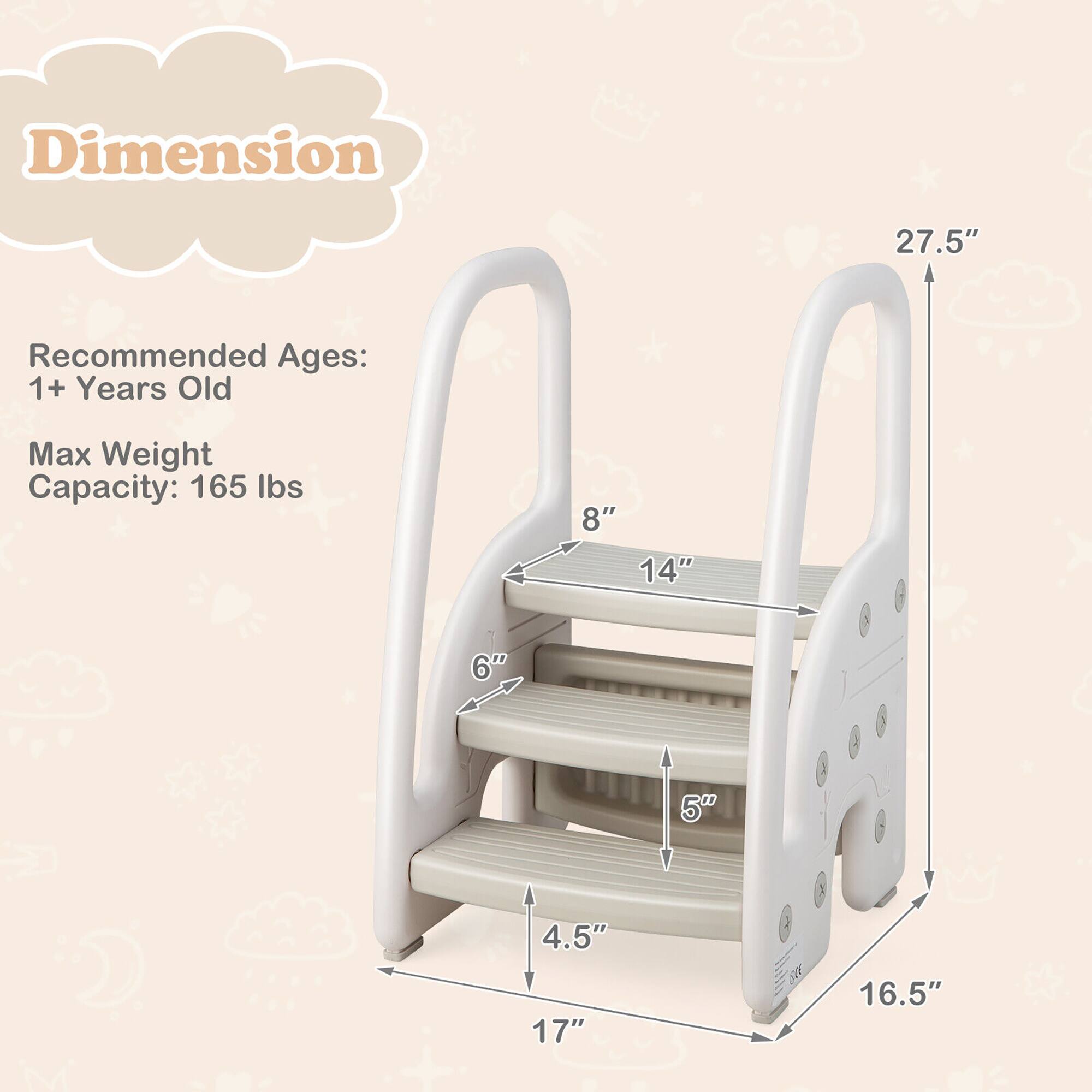 Dimension: 27.5"  
Recommended Ages: 1+ Years Old  
Max Weight Capacity: 165 lbs  

Dimensions:  
- 8"  
- 14"  
- 6"  
- 5"  
- 4.5"  
- 17"  
- 16.5"