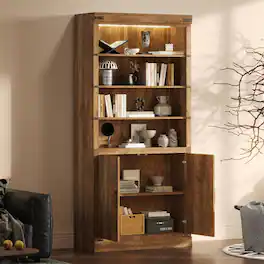 HTUTWOO - 83.4" Tall Bookshelf with Doors –Bookcase with 3-Tier Adjustable Shelves, Display Shelves with LED Light for Home Office - Walnut