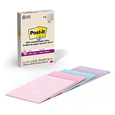 x4 Post-it paper notes
100% recycled paper notes
100% feuillets de papier recyclé 100%
super sticky
super collants
4 AS / EA / TOTAL CONT. 380
4 IN / PO / TOTAL CONT. 380
152 mm x 76 mm
3M