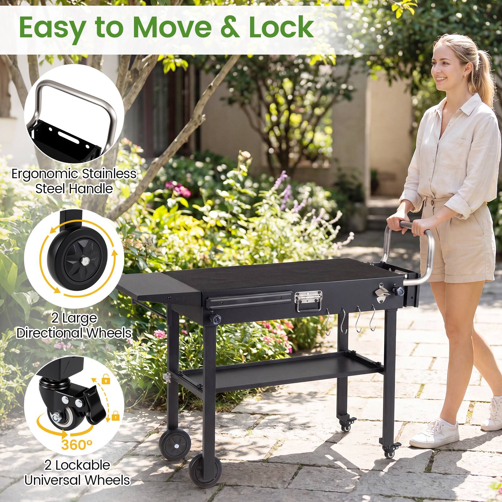 Easy to Move & Lock

Ergonomic Stainless Steel Handle

2 Large Directional Wheels

360°

2 Lockable Universal Wheels
