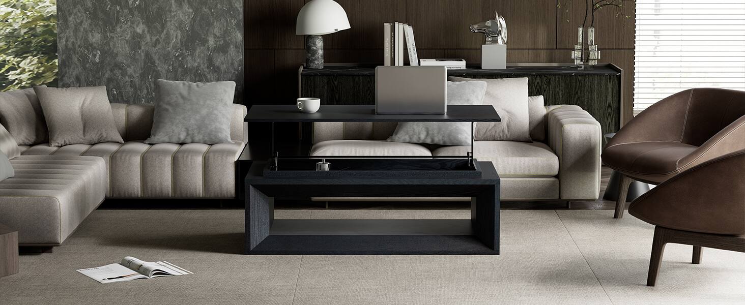 Alt View 8. Loheer - Loheer Black Lift Top Coffee Table with Storage Modern Rising Floating Tabletop Center Table - Black.