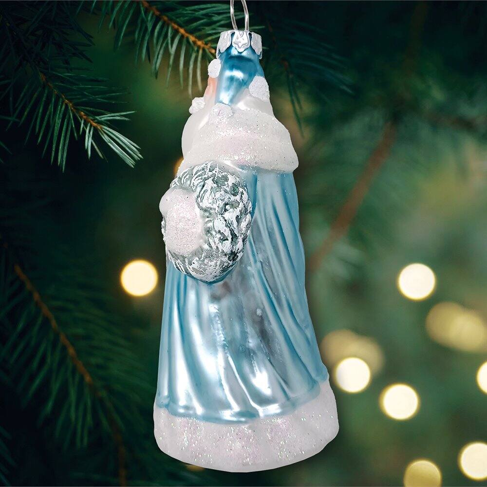 Left. OrnamentallyYou - Arctic Whispers Santa Glass Christmas Ornament Snowy Winter Theme with Light Blue Robe - Multi-colored.